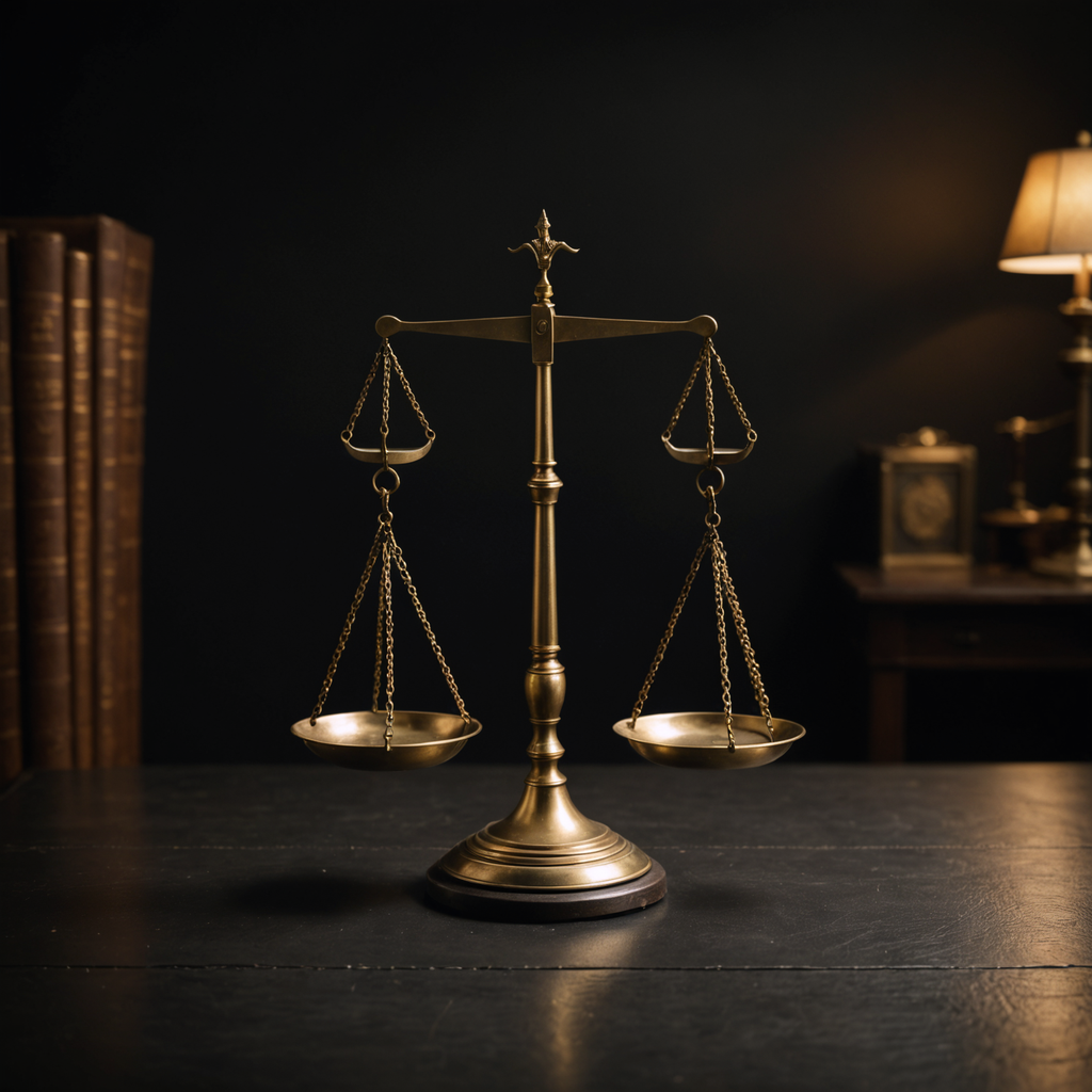 Balança da justiça em latão sobre mesa escura — rigor e excelência