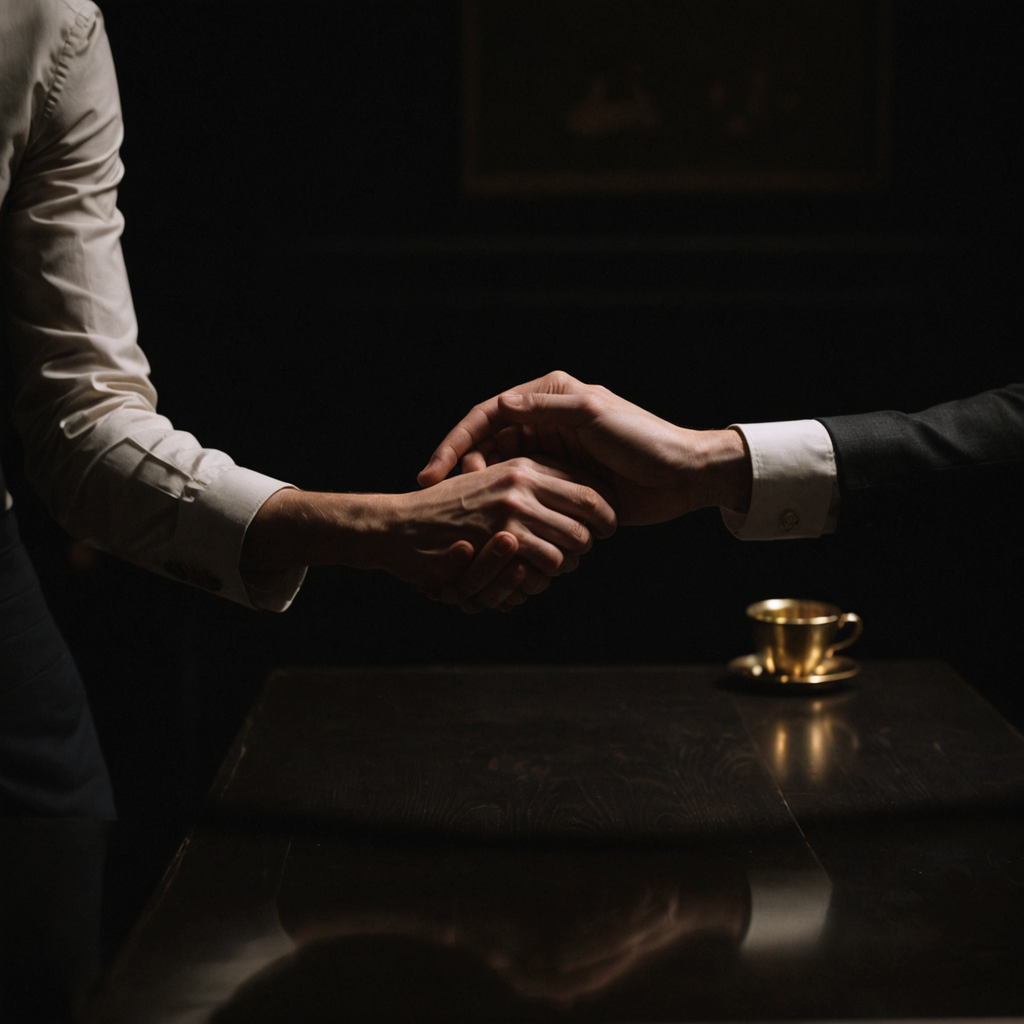 Aperto de mãos sobre mesa escura — proximidade e confiança