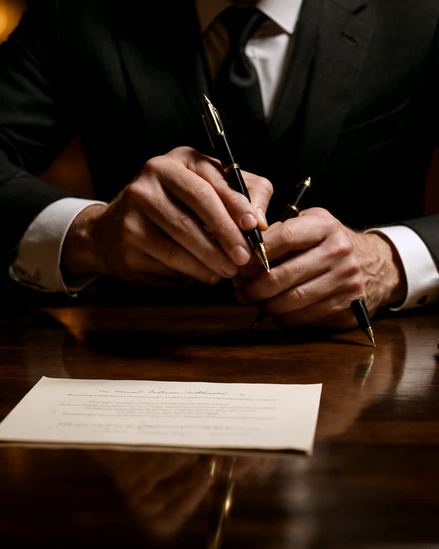 Advogado assinando um documento jurídico — rigor técnico e diligência